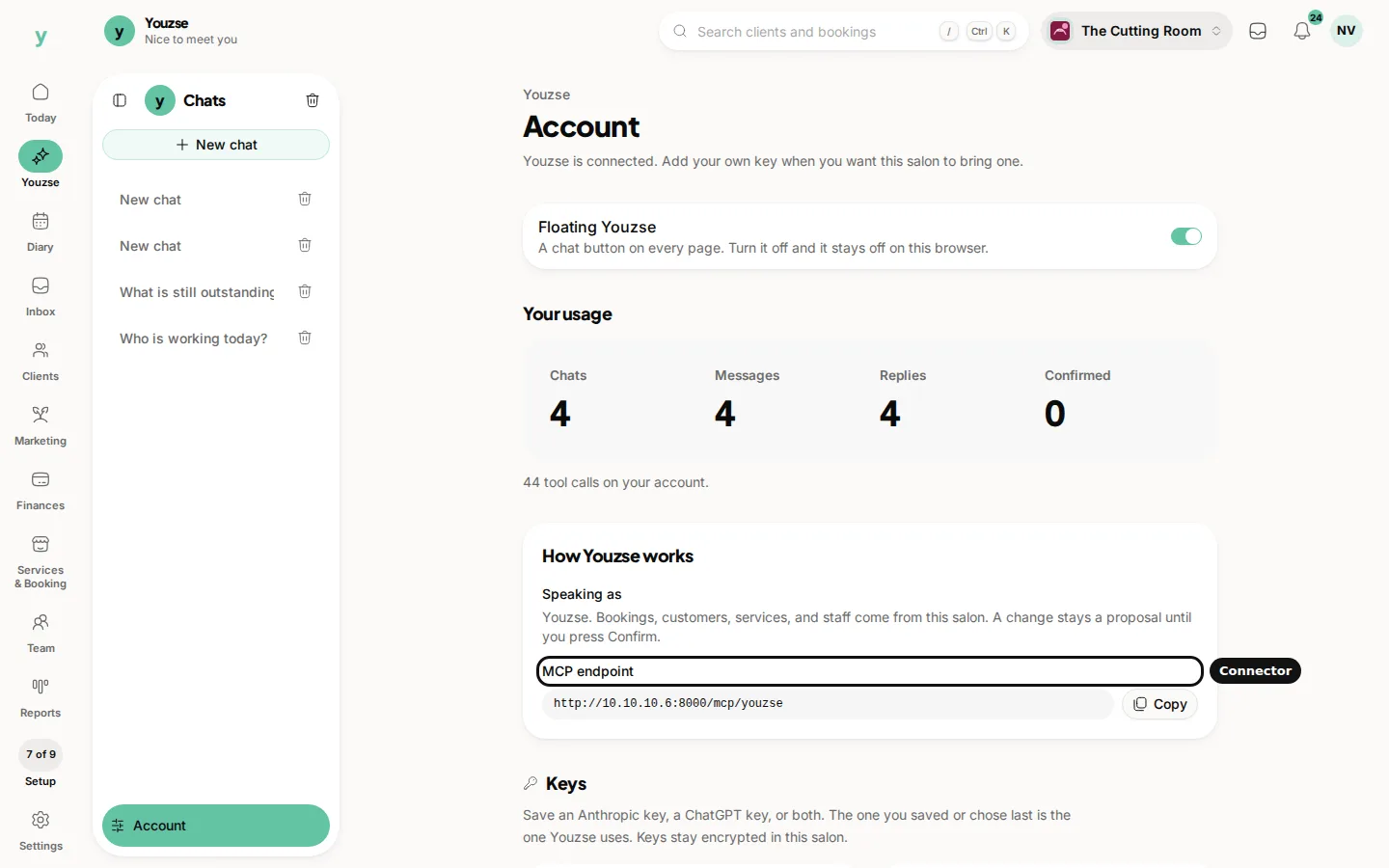 Account with the MCP endpoint ready to copy for Claude, ChatGPT or Cursor.