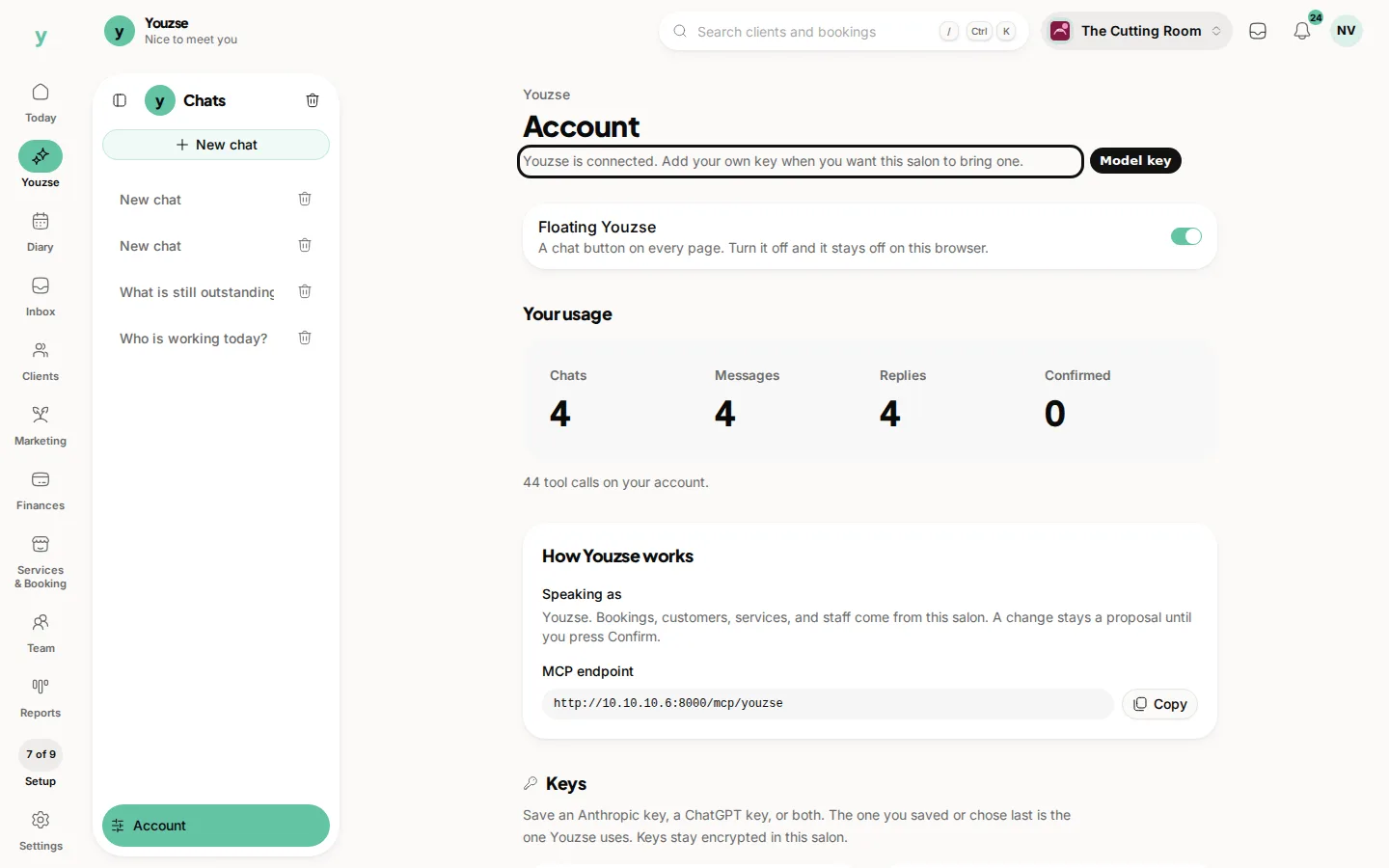 Account, Keys and connector details on one page for the owner.