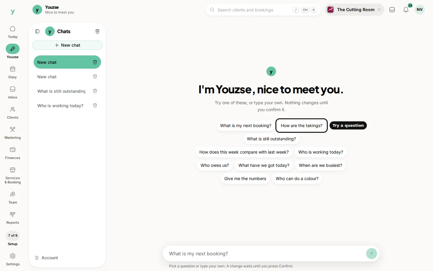 The greeting cluster. Try a question marks one of the suggested prompts you can tap.