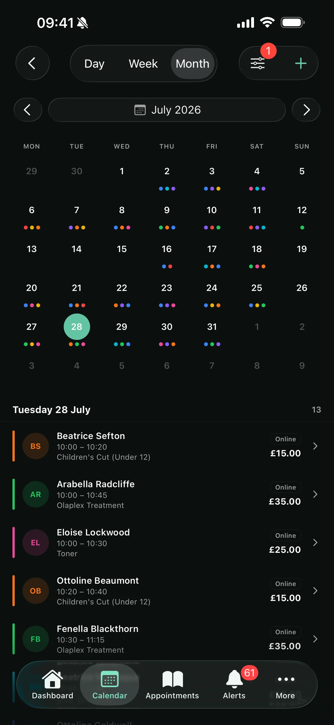 Month view on the Youzse mobile app