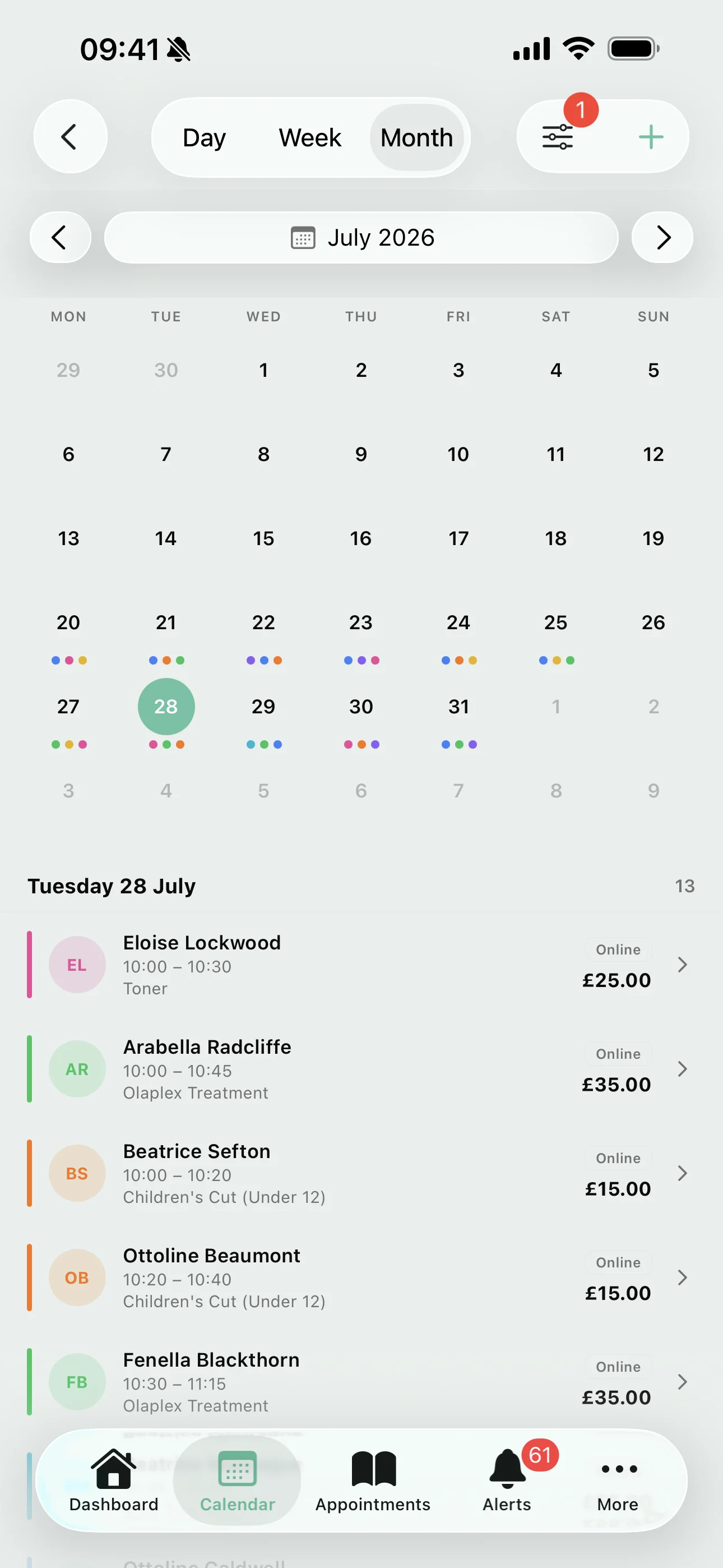 Month view on the Youzse mobile app