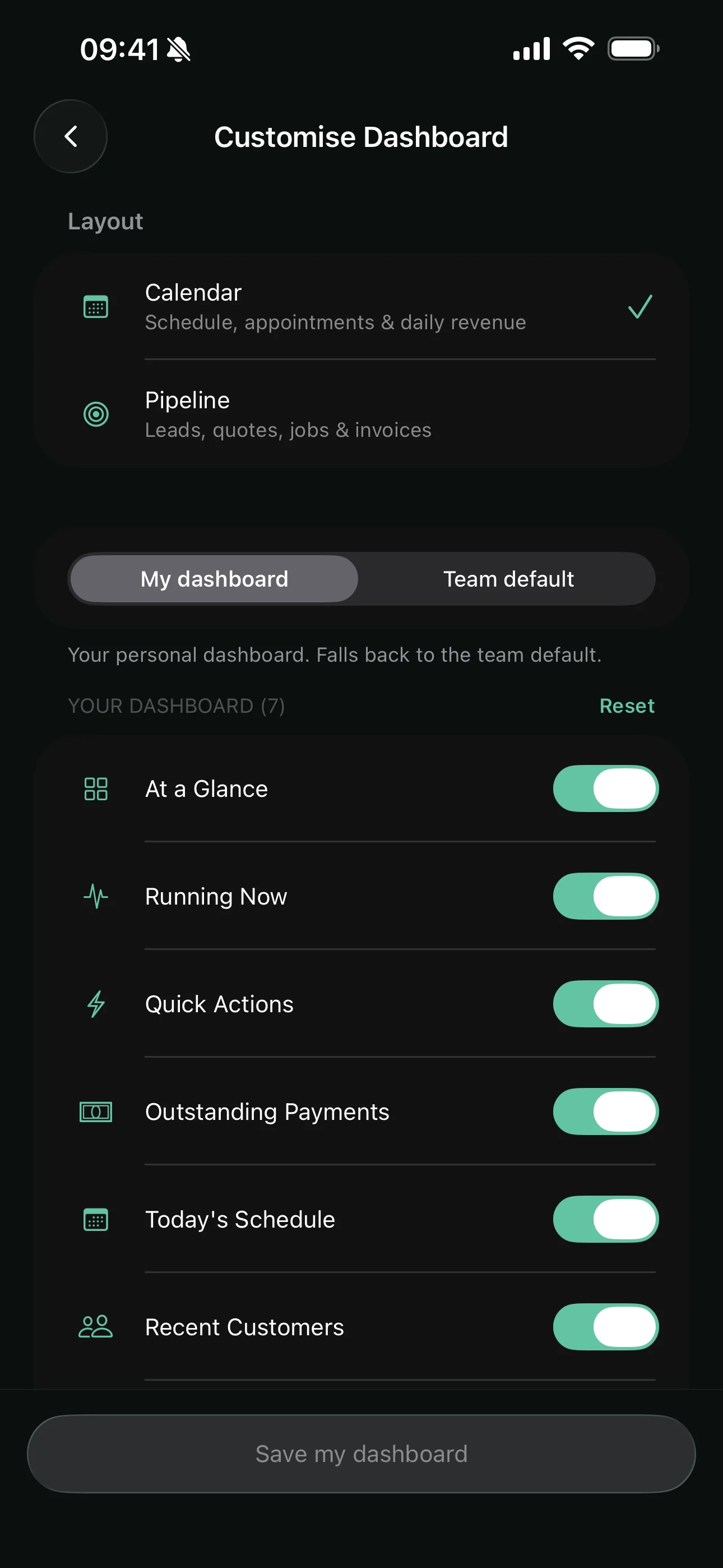 Dashboard customisation on the Youzse mobile app