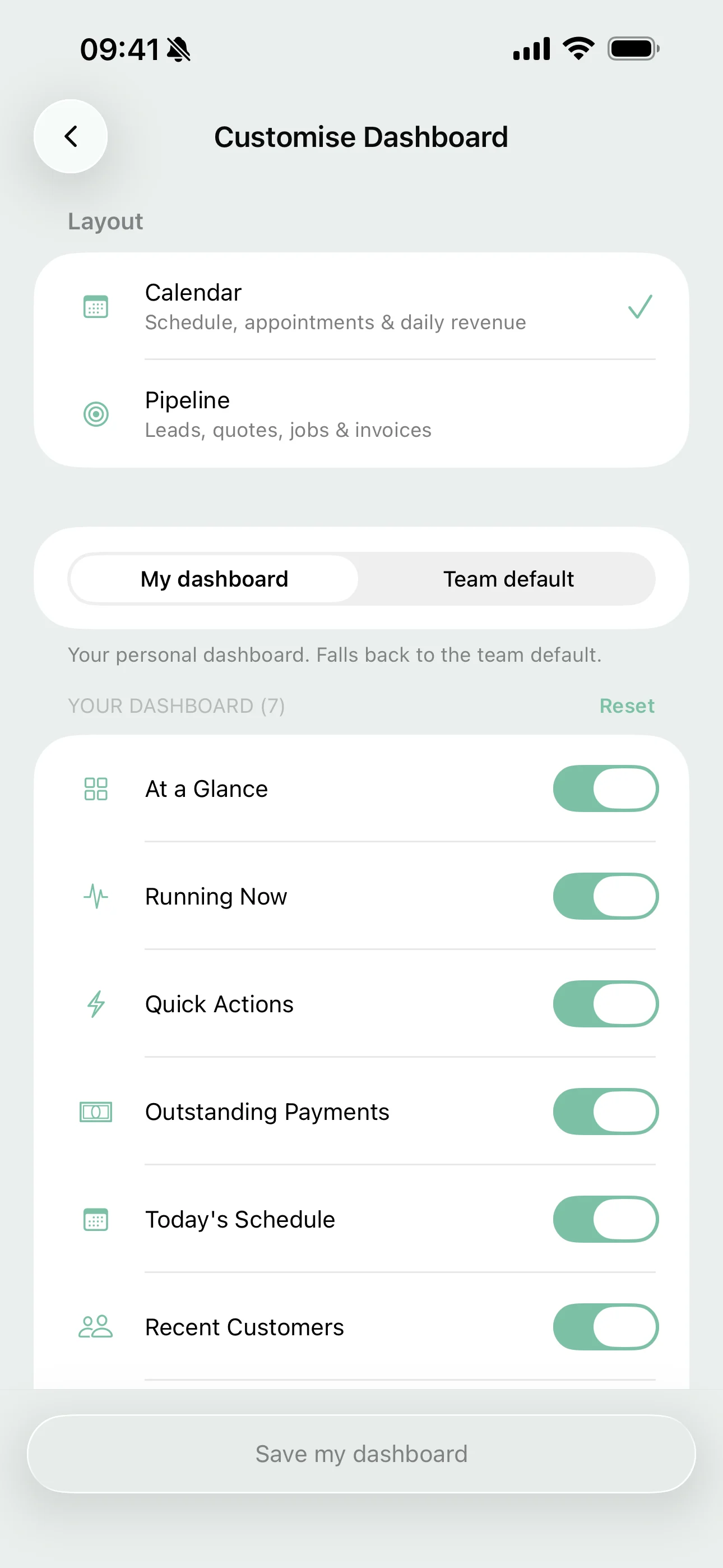 Dashboard customisation on the Youzse mobile app