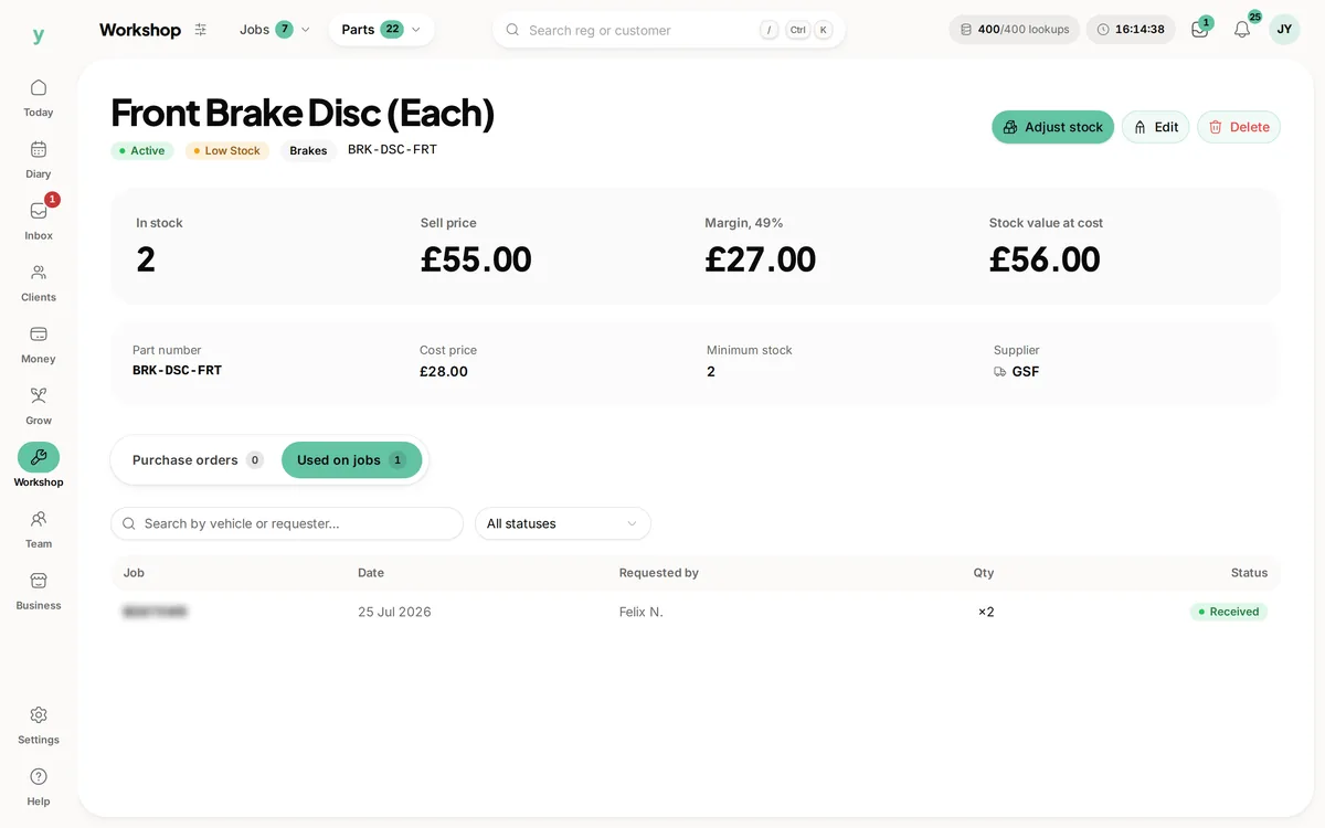 A part in Youzse that is low on stock, with its sell price, margin, supplier and the job it was used on