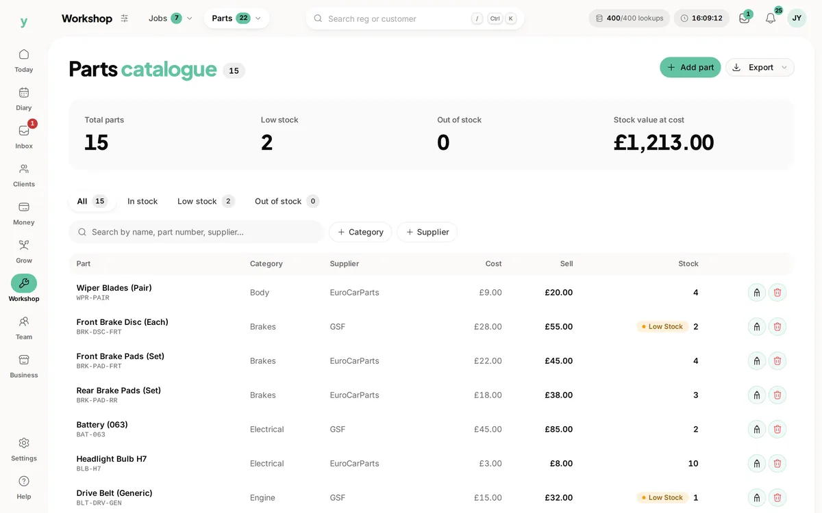 The parts catalogue in Youzse with cost, sell price and stock and the parts running low flagged