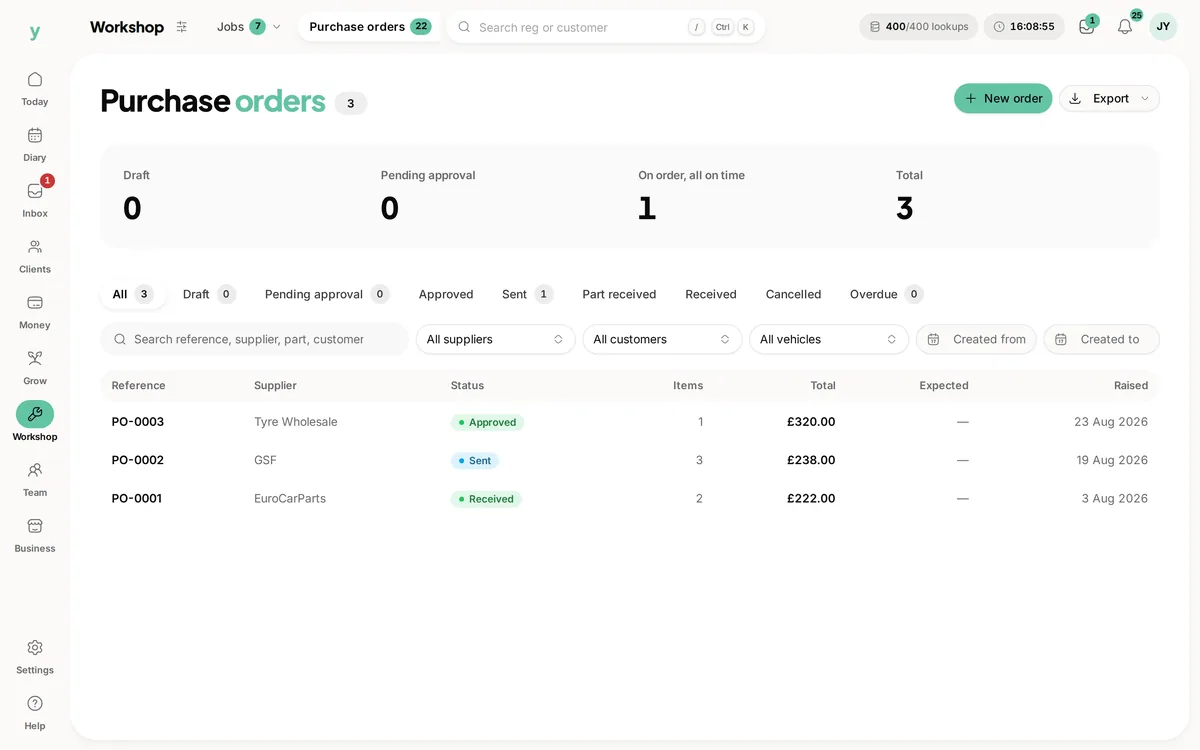 Purchase orders in Youzse with the supplier, status and total of each