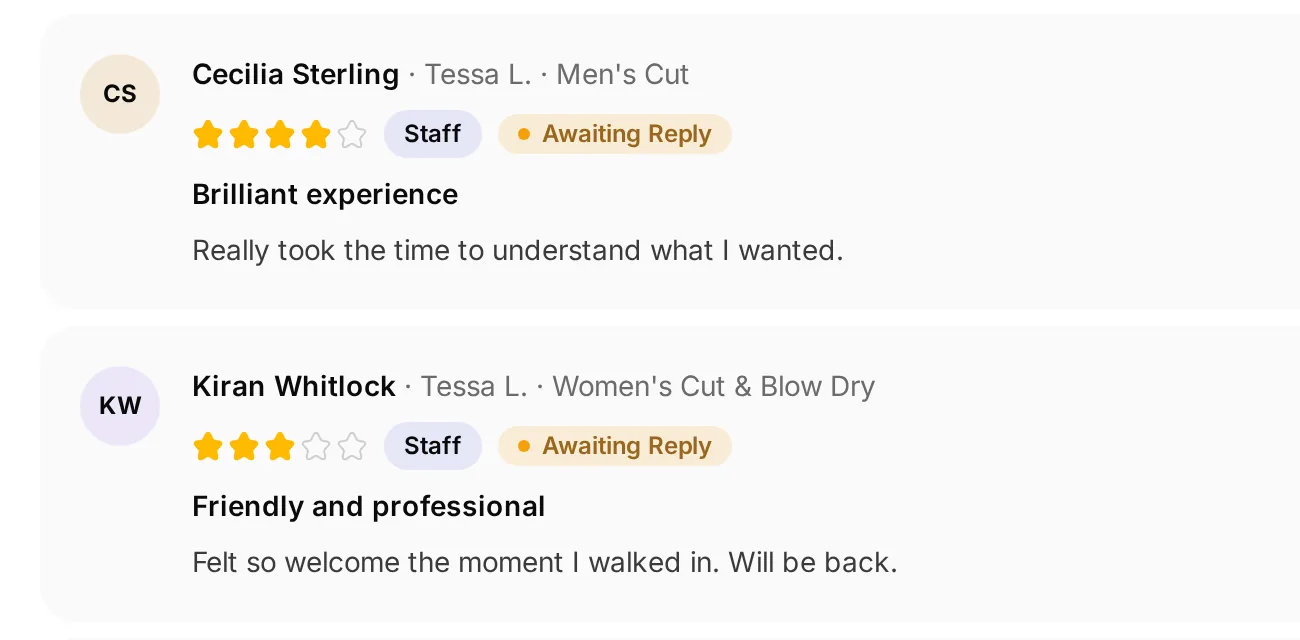 Two recent client reviews with their star ratings, the stylist and service, each waiting for a reply