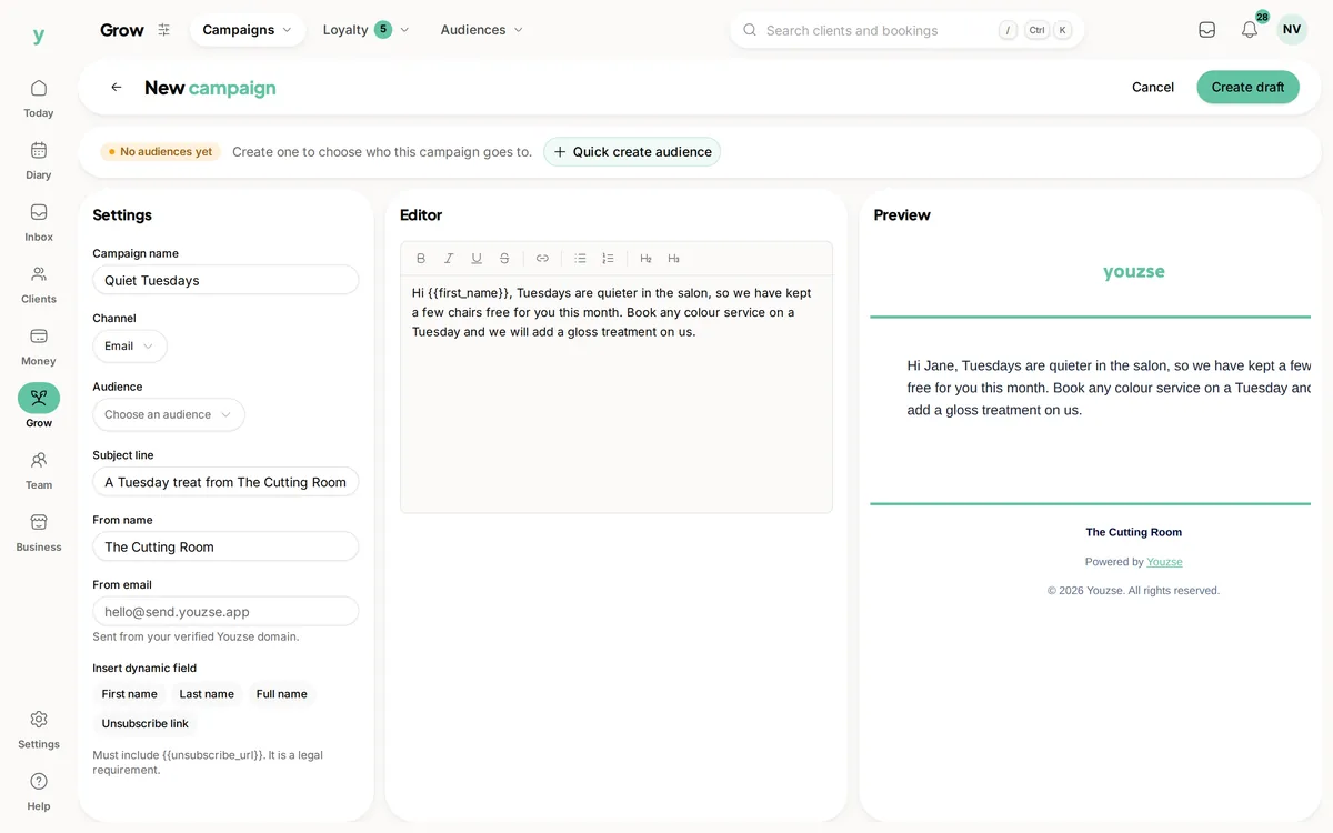 Writing an email campaign in Youzse with a live preview