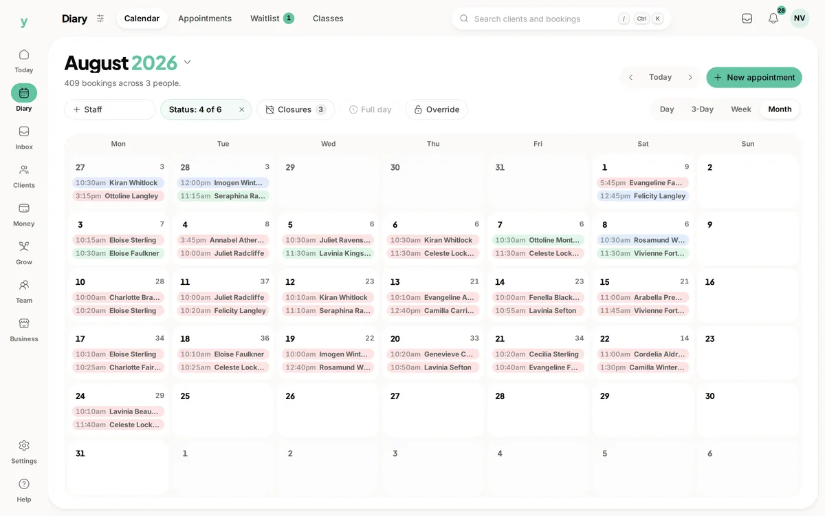 A month of bookings in the Youzse diary