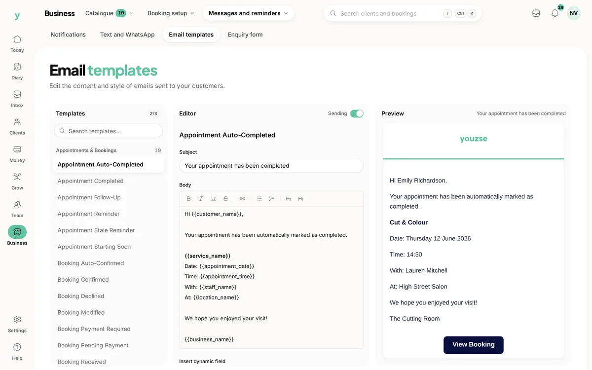 Editing an email template in Youzse with a live preview of the message