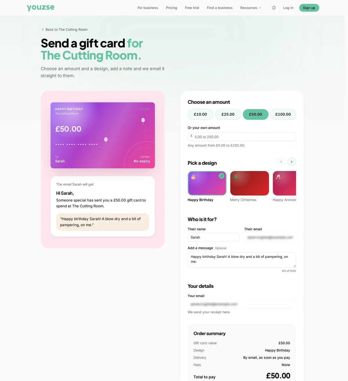 A customer sending a gift card to Sarah from the salon booking page, with a Happy Birthday design, a short message and the order summary