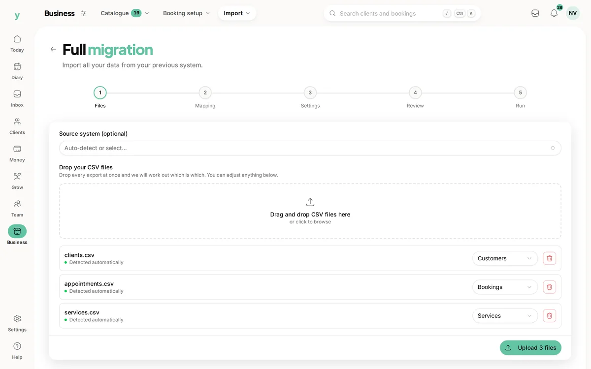 Three CSV exports dropped into the Youzse migration, ready to be matched to the right records