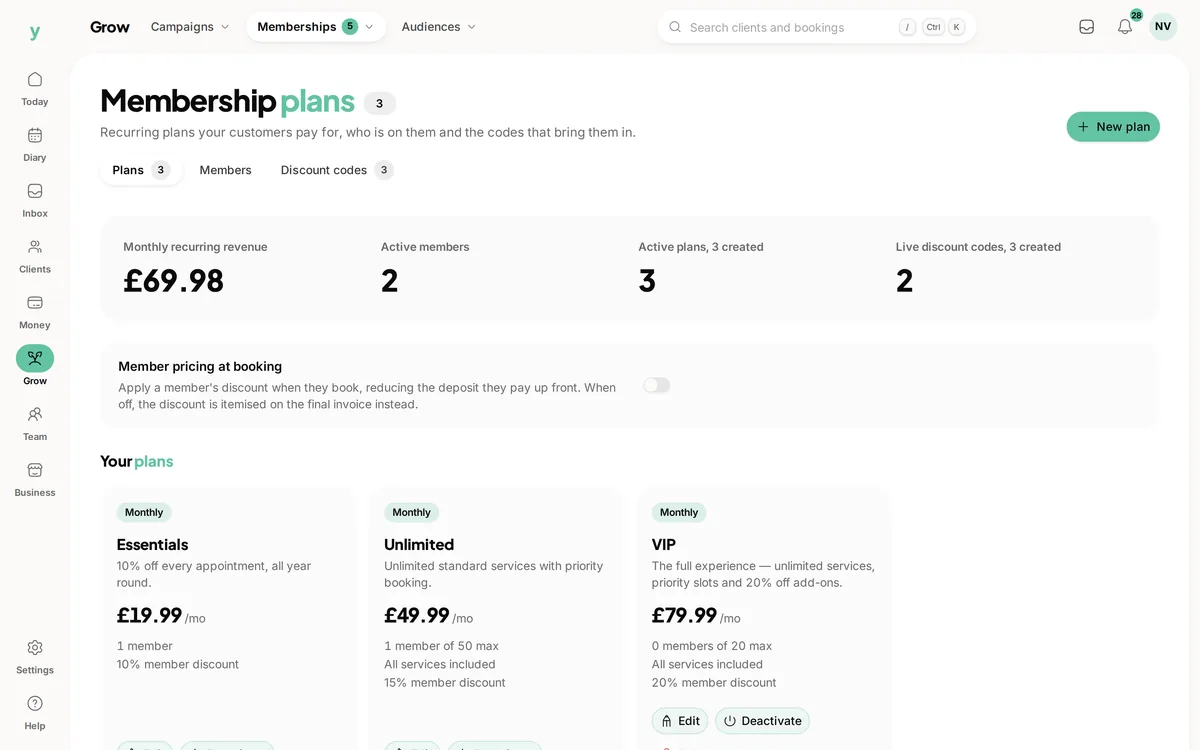 Membership plans in Youzse, with monthly recurring revenue, members and three plans