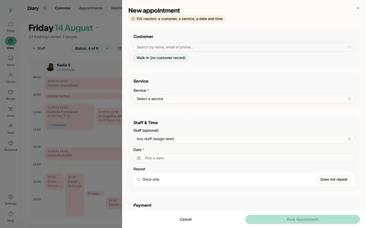 Booking a new appointment in the Youzse diary, for a client or a walk-in