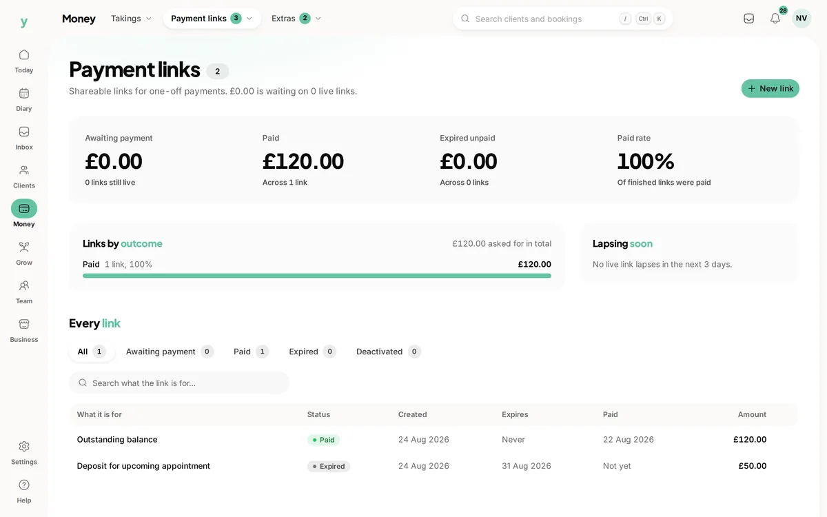 Payment links in Youzse, with what has been paid and what is still waiting