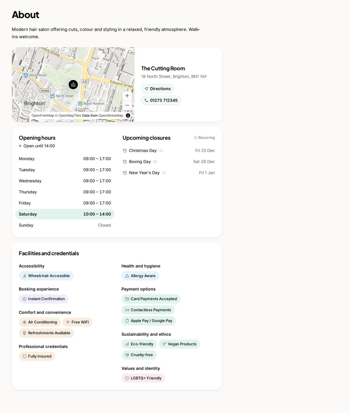 The about section of a salon booking page made with Youzse, with a map, opening hours, closures and facilities