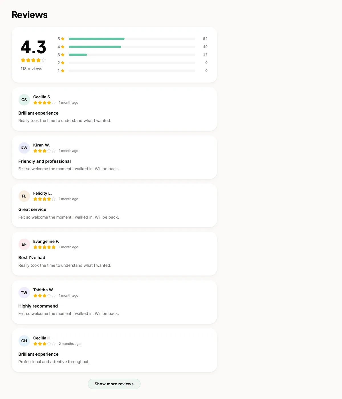 Reviews on a salon booking page made with Youzse, with the rating breakdown above each review