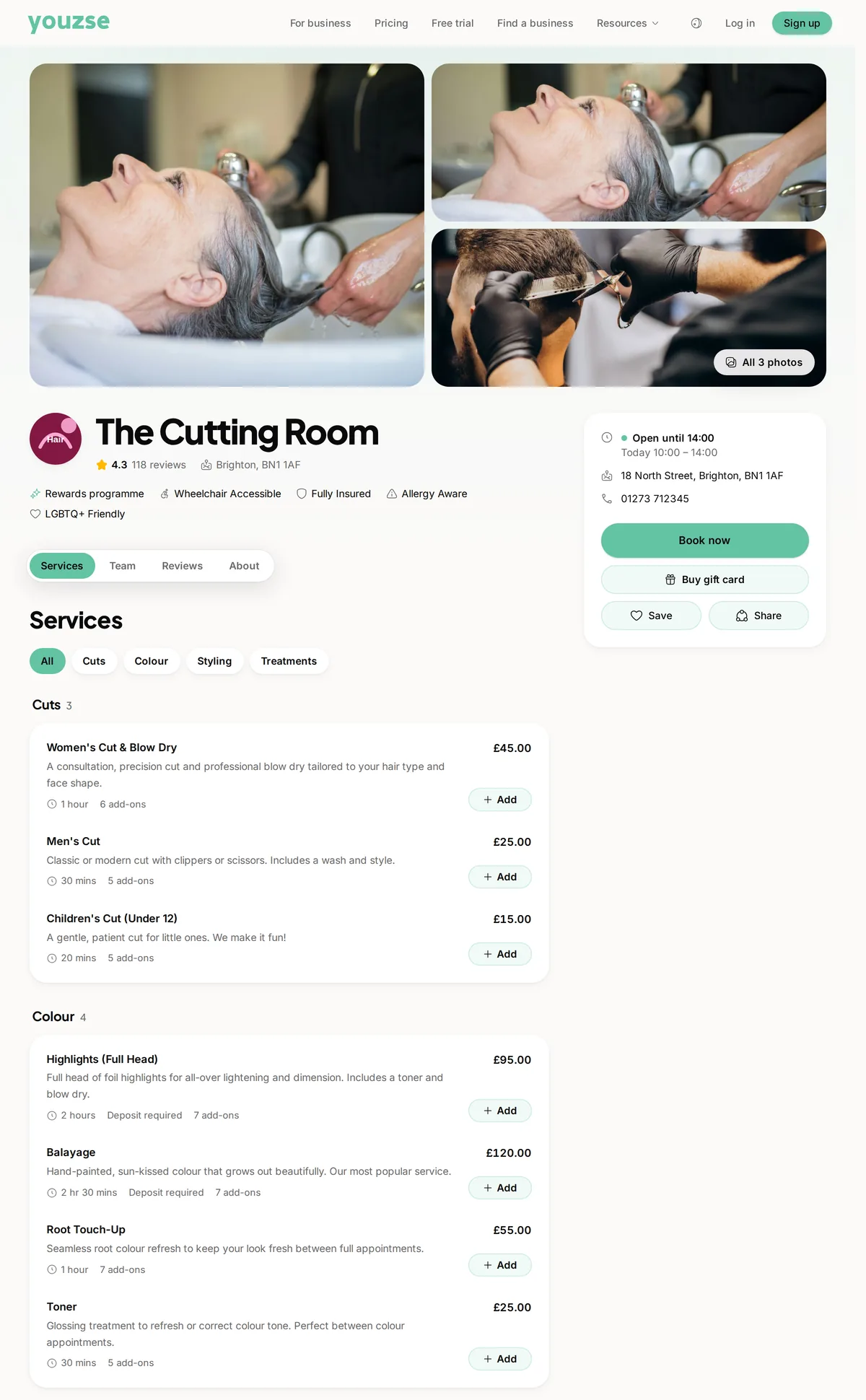 The top of a salon booking page made with Youzse, with its photos, rating, opening hours and the services menu