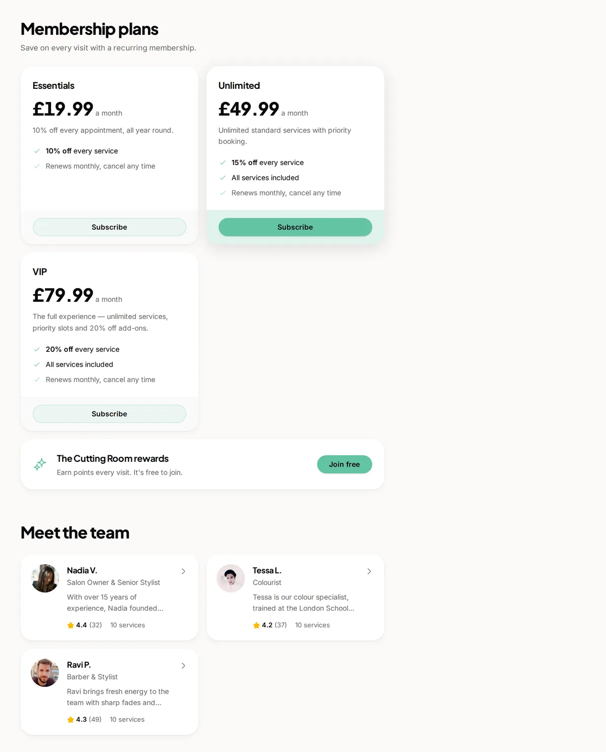 Membership plans, the loyalty rewards and the team on a salon booking page made with Youzse