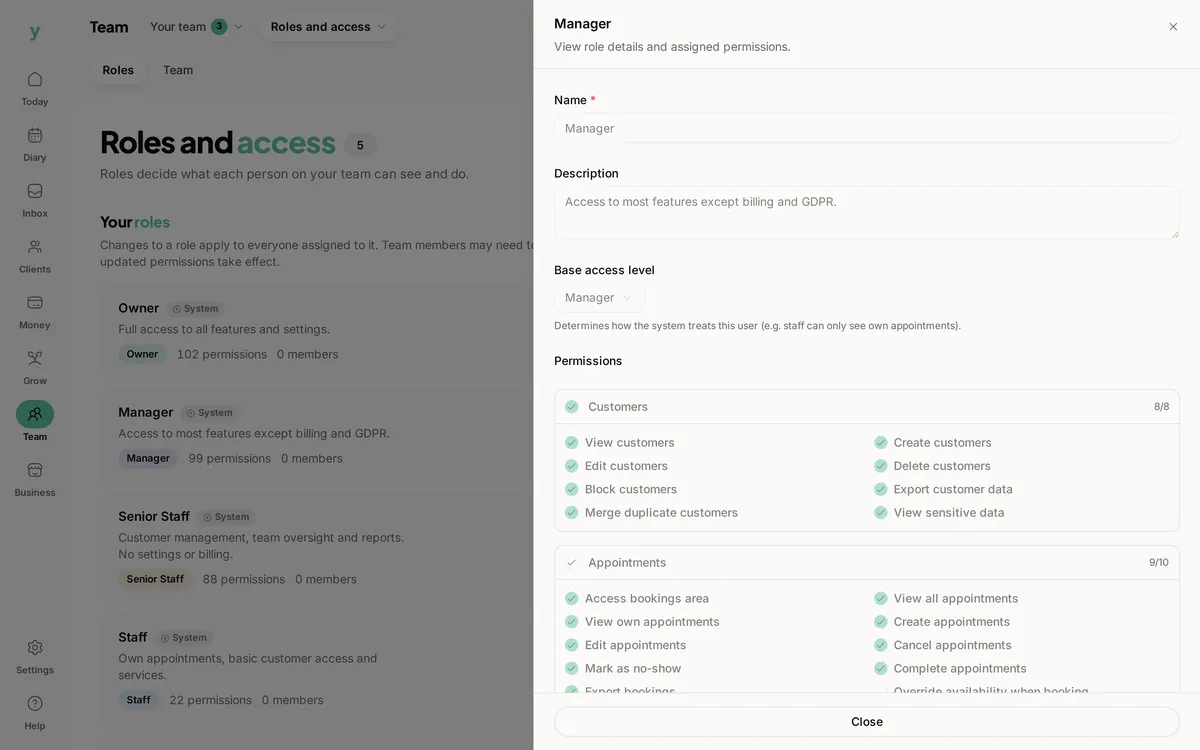 The permissions behind one role in Youzse, grouped by area