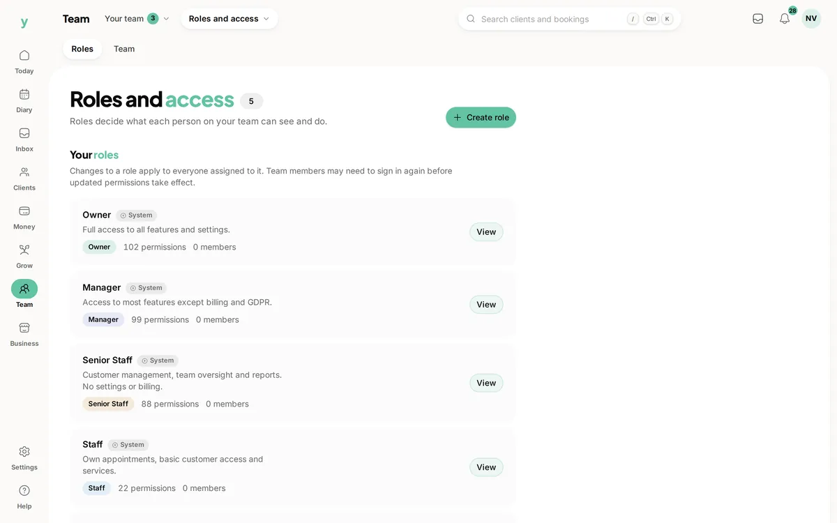 Roles and access in Youzse, from owner and manager to senior staff and staff