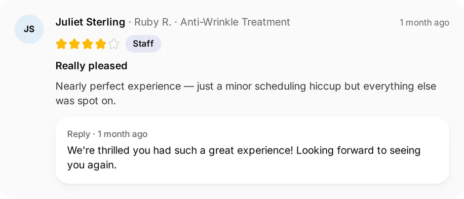 A review of Glow Aesthetics Clinic for anti-wrinkle treatment, headed "Really pleased", with the owner's reply underneath