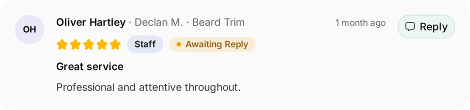 A review of Sharp Cuts Barbershop for beard trim, headed "Great service", waiting for a reply