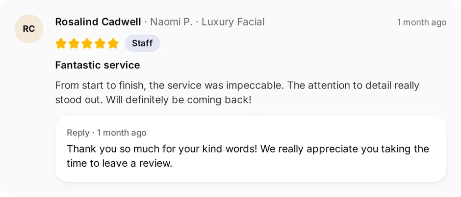 A review of Glow Studio for luxury facial, headed "Fantastic service", with the owner's reply underneath