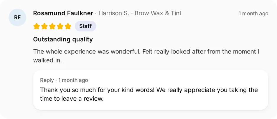 A review of Brow Bar for brow wax & tint, headed "Outstanding quality", with the owner's reply underneath