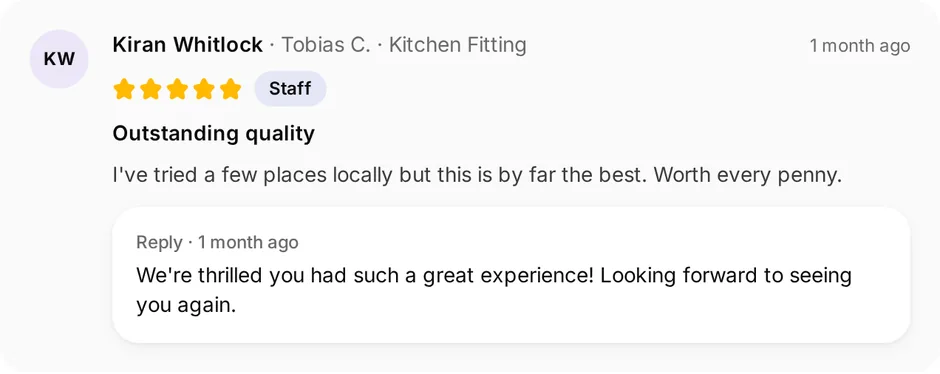 A review of Solid Foundations Building for kitchen fitting, headed "Outstanding quality", with the owner's reply underneath