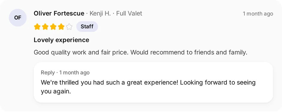 A review of Shine & Drive for full valet, headed "Lovely experience", with the owner's reply underneath