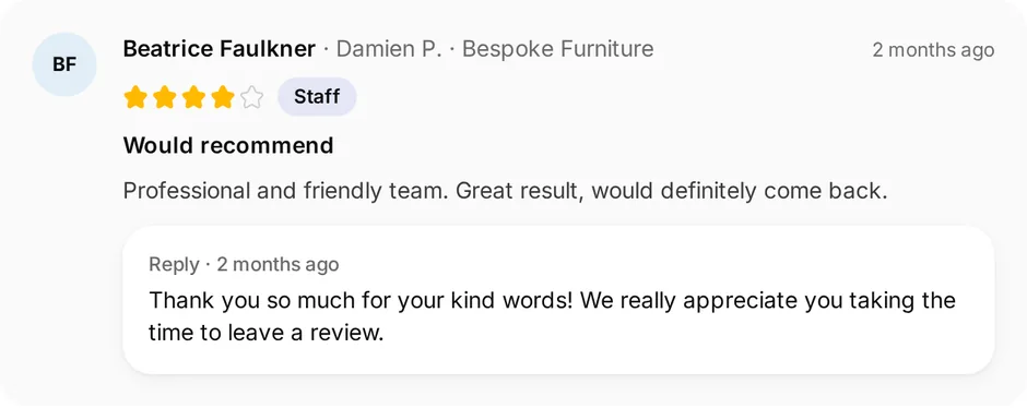 A review of Oakcraft Carpentry for bespoke furniture, headed "Would recommend", with the owner's reply underneath
