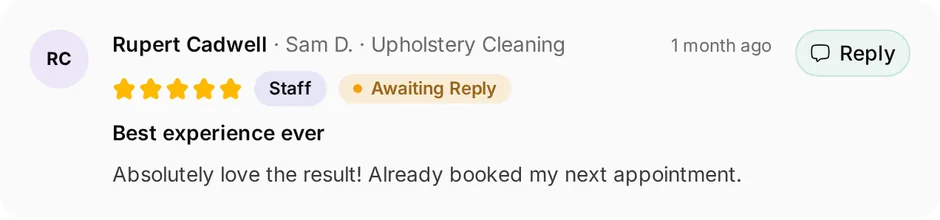 A review of Deep Clean Carpets for upholstery cleaning, headed "Best experience ever", waiting for a reply