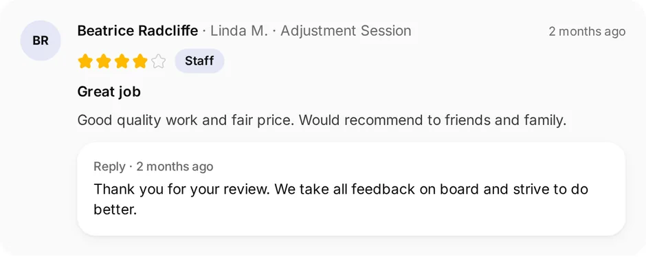 A review of Straight & True Chiropractic for adjustment session, headed "Great job", with the owner's reply underneath
