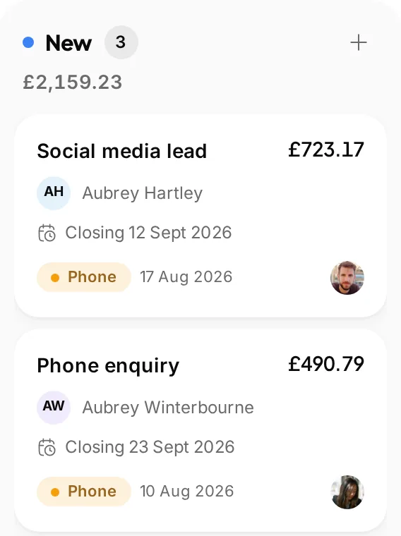 The new column of the leads pipeline at Spotless Commercial Cleaning, 3 leads worth £2,159.23: a social media lead from Aubrey Hartley at £723.17, closing 12 Sept 2026 and a phone enquiry from Aubrey Winterbourne at £490.79, closing 23 Sept 2026
