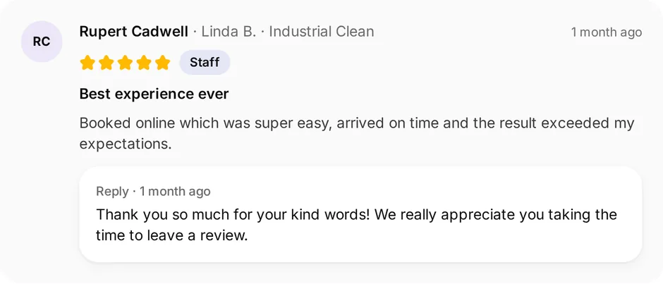 A review of Spotless Commercial Cleaning for industrial clean, headed "Best experience ever", with the owner's reply underneath