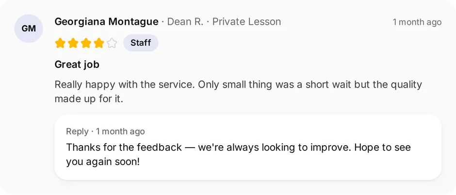 A review of Step by Step Dance for private lesson, headed "Great job", with the owner's reply underneath