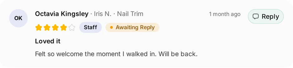 A review of Pampered Paws for nail trim, headed "Loved it", waiting for a reply
