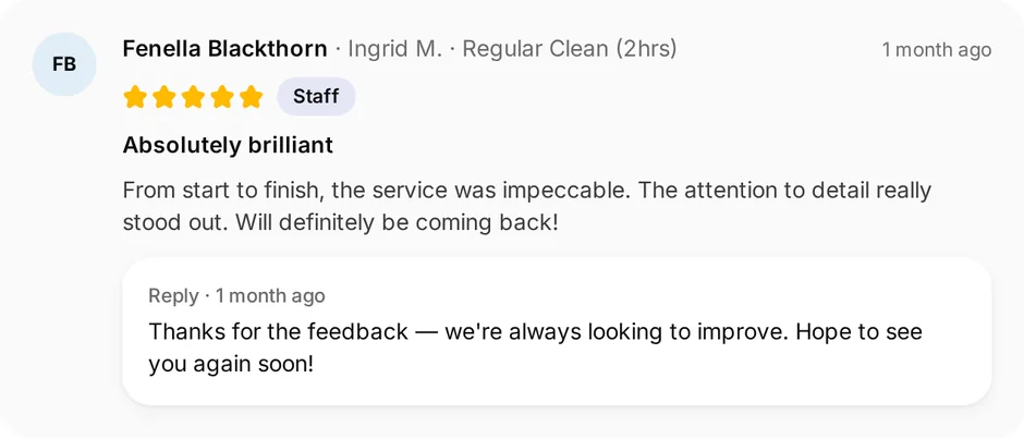 A review of Crystal Clear Cleaning for regular clean (2hrs), headed "Absolutely brilliant", with the owner's reply underneath