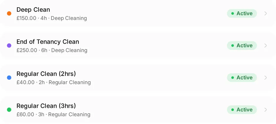 The services list at Crystal Clear Cleaning: Deep clean, £150, 4h, Deep Cleaning; End of tenancy clean, £250, 6h, Deep Cleaning; Regular clean (2hrs), £40, 2h, Regular Cleaning; Regular clean (3hrs), £60, 3h, Regular Cleaning