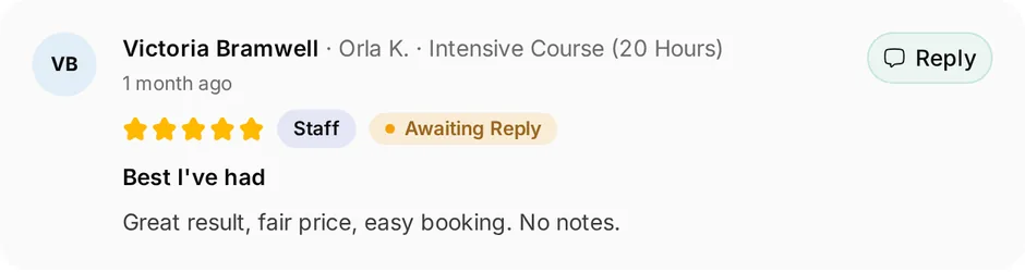 A review of Road Ready Driving for intensive course (20 hours), headed "Best I've had", waiting for a reply
