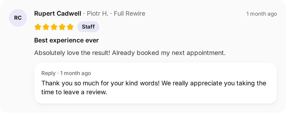 A review of Spark Electrical Services for full rewire, headed "Best experience ever", with the owner's reply underneath