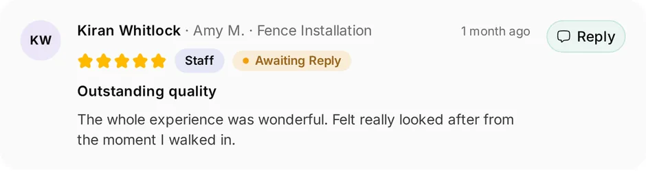 A review of Boundary Fencing for fence installation, headed "Outstanding quality", waiting for a reply
