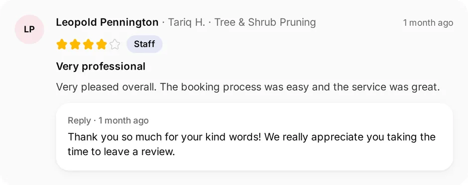 A review of Green Thumb Gardens for tree & shrub pruning, headed "Very professional", with the owner's reply underneath