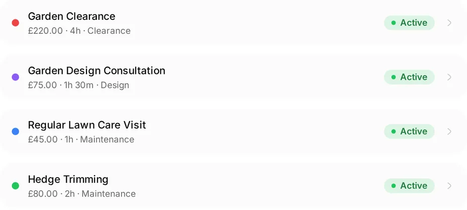 The services list at Green Thumb Gardens: Garden clearance, £220, 4h, Clearance; Garden design consultation, £75, 1h 30m, Design; Regular lawn care visit, £45, 1h, Maintenance; Hedge trimming, £80, 2h, Maintenance