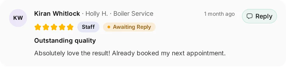 A review of WarmHome Heating for boiler service, headed "Outstanding quality", waiting for a reply