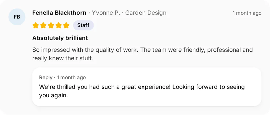A review of Eden Landscapes for garden design, headed "Absolutely brilliant", with the owner's reply underneath