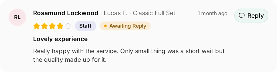 A review of Flutter Lash Studio for classic full set, headed "Lovely experience", waiting for a reply
