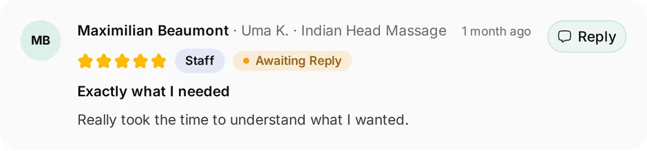 A review of Tranquil Touch Massage for Indian head massage, headed "Exactly what I needed", waiting for a reply
