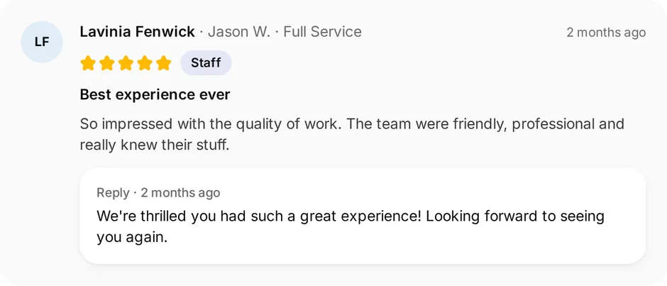 A review of Roadside Repairs for full service, headed "Best experience ever", with the owner's reply underneath